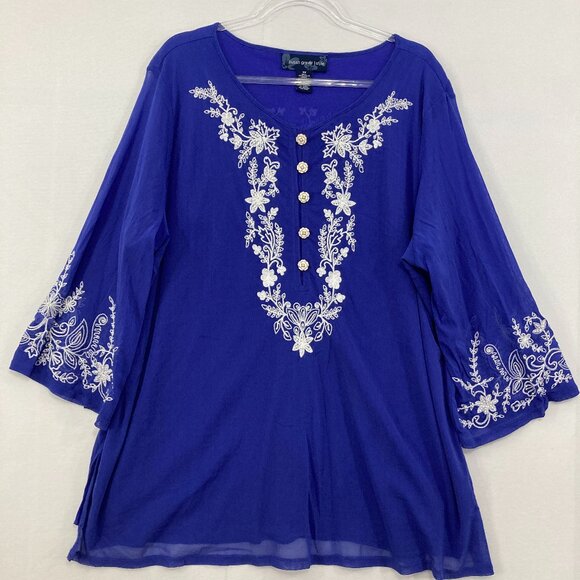 Susan Graver size 3X Blue Violet White Floral Embroidered Feminine Stretch Top - Picture 1 of 9